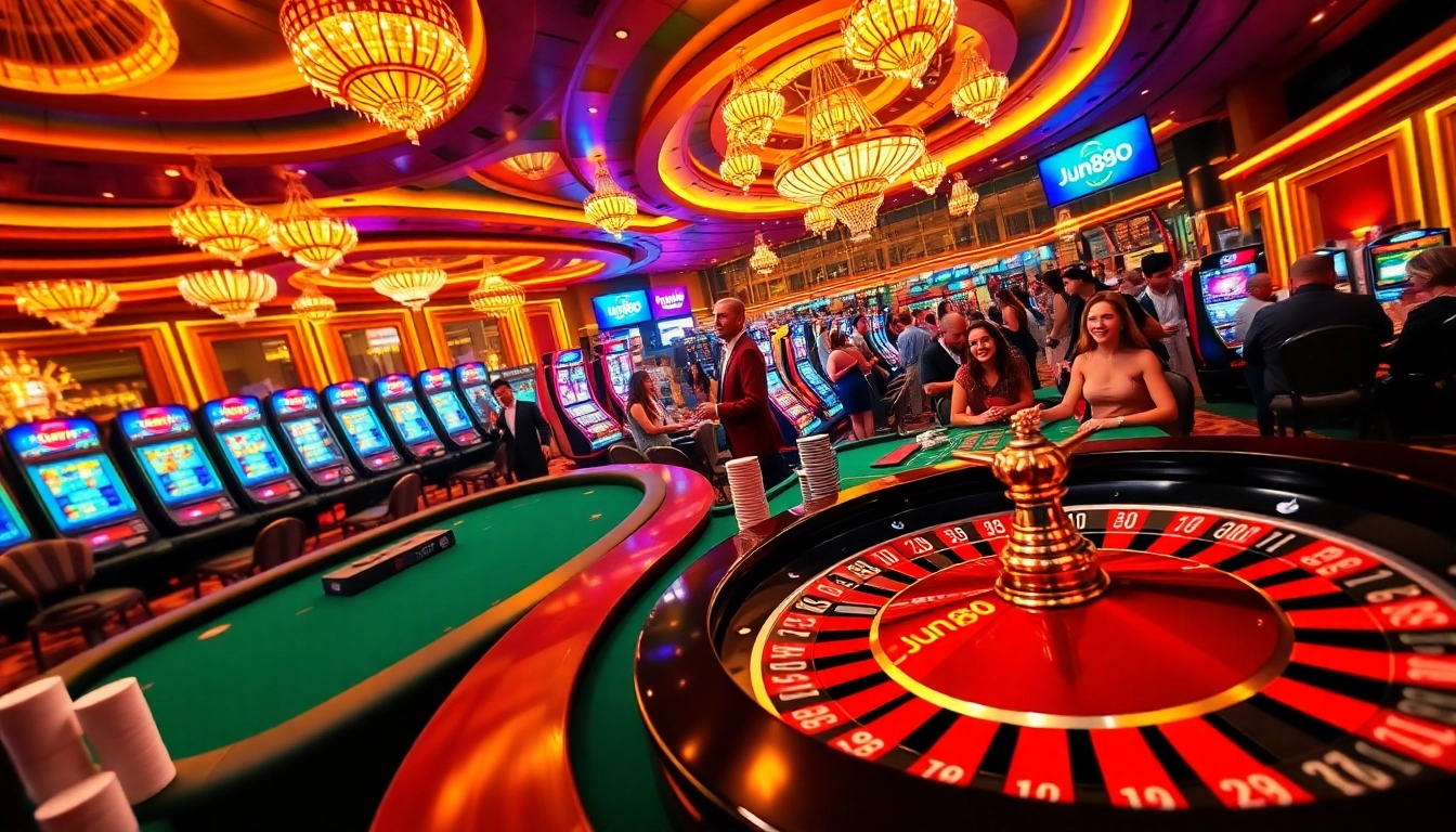 Experience the excitement of gaming at jun88 com with vibrant casino visuals illustrating roulette and poker.