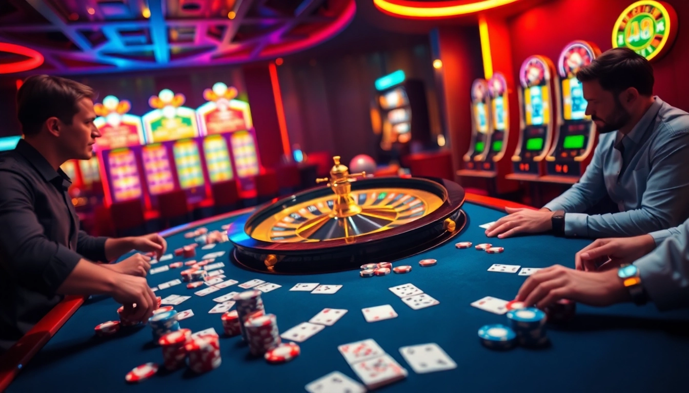 ABC8 players enjoy immersive casino games at vibrant tables and slot machines.