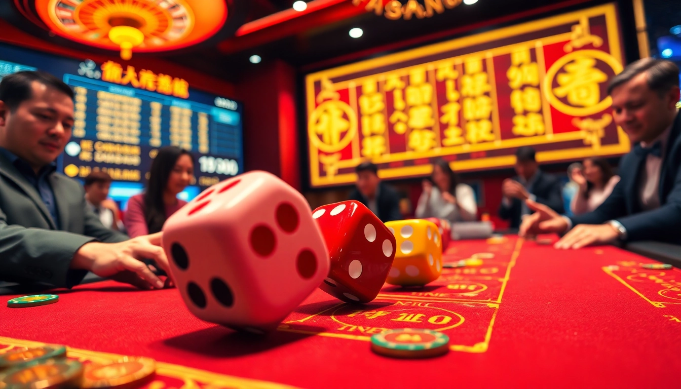 Tai Xiu gameplay with vibrant dice rolling on a casino table, capturing the excitement of betting.