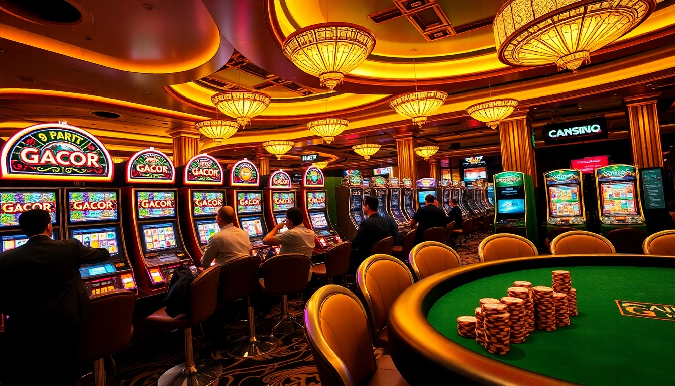 Engaging players enjoying gacor slot machines at a luxurious casino full of vibrant energy.