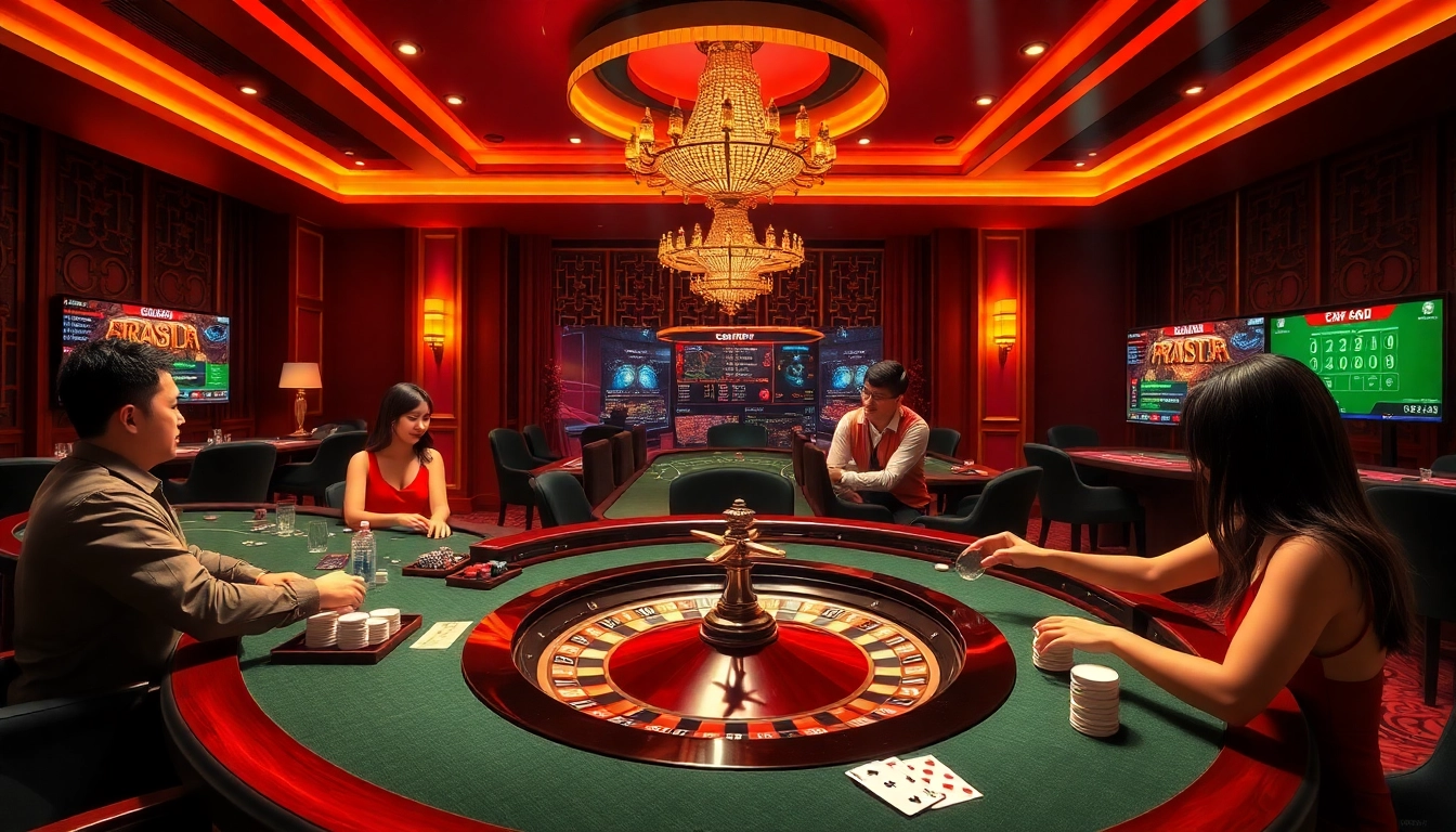 Exciting gaming atmosphere at Nhà cái TR88 with casino tables, players celebrating wins.