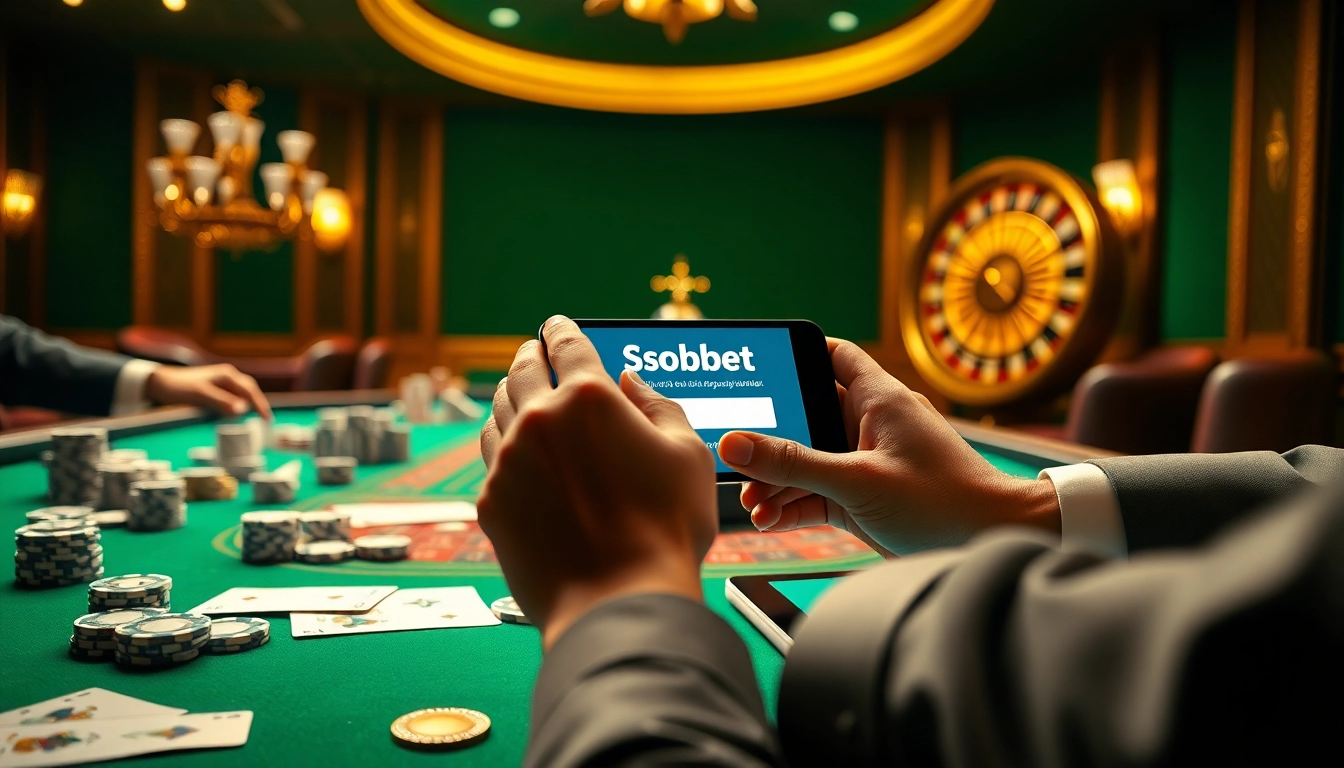 Experience the sbobet login interface in a vibrant online casino setting filled with poker chips and roulette wheels.