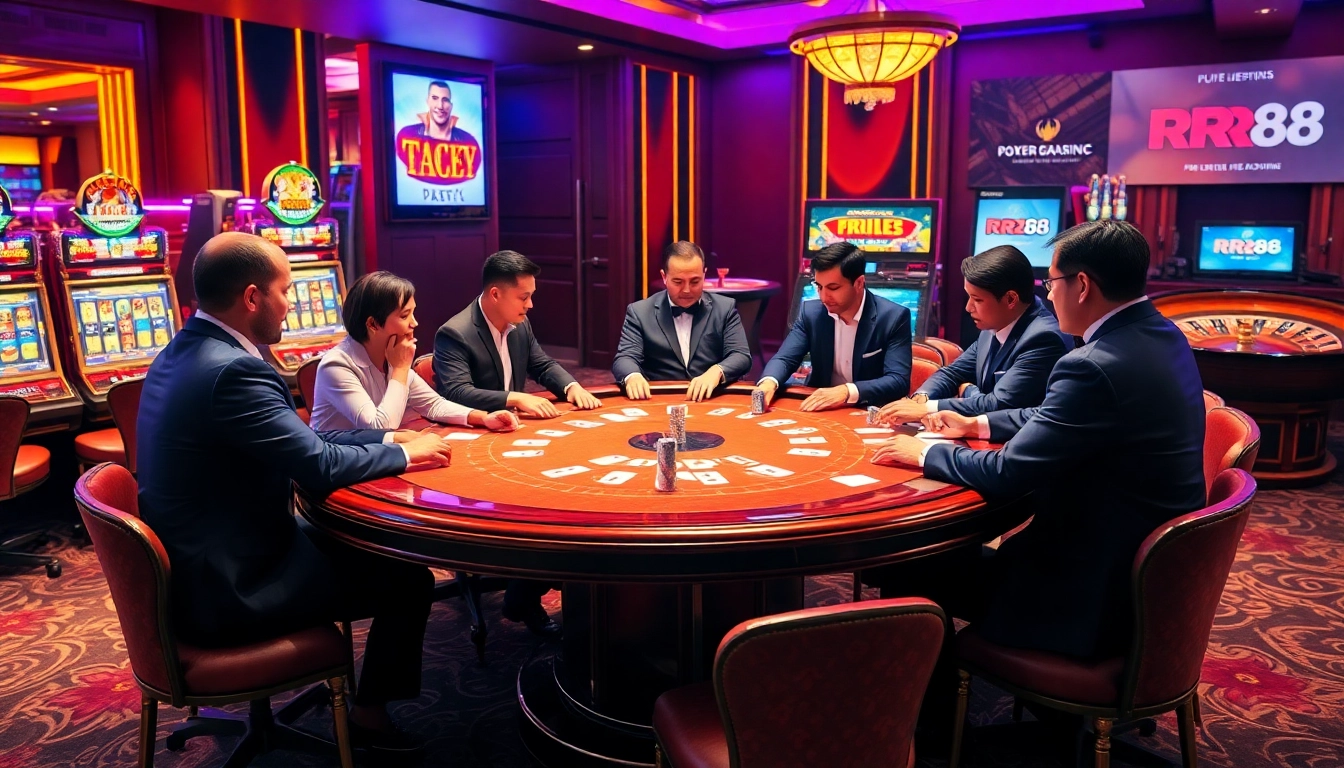 Engaged players at the RR88 poker table in a luxurious casino environment.