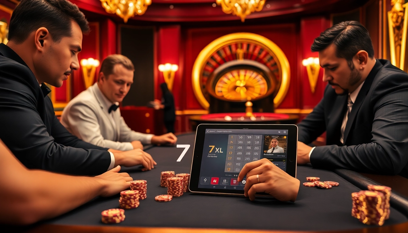 Players strategizing at a luxurious poker table, with a focus on 7xl download, chips, and exciting gameplay.
