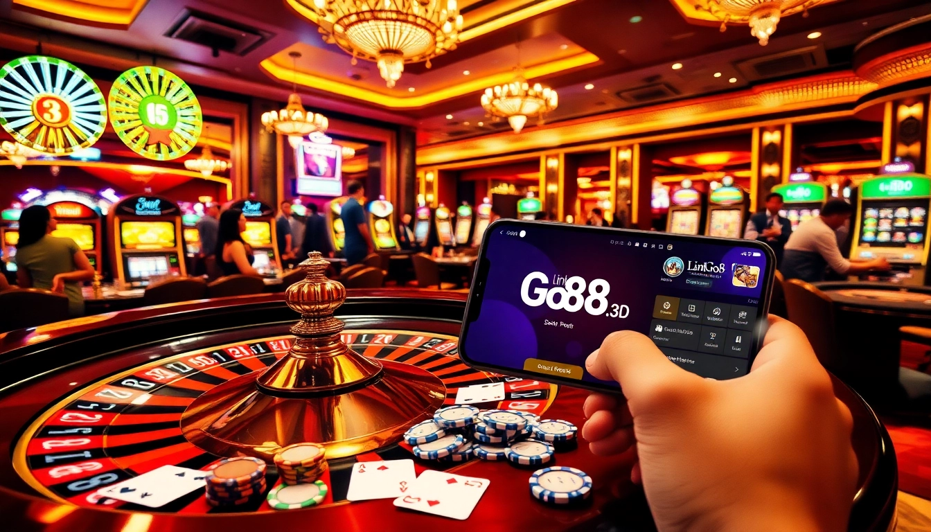 Engage with Link Go88 through an exciting casino scene highlighting roulette, poker chips, and vibrant slot machines.