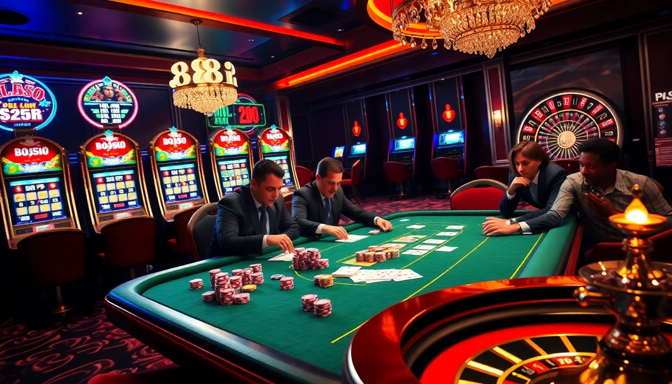 Professional poker players enjoying a thrilling game at 88i casino table with chips and cards.