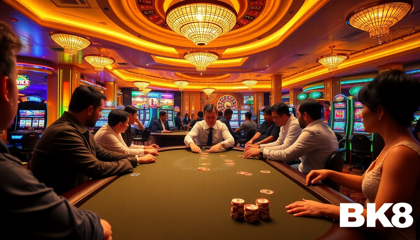 Action-packed casino scene showcasing BK8 with players engaged in poker and vibrant slot machines.