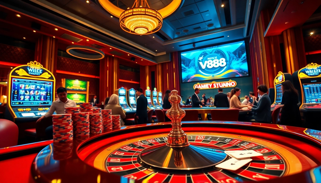 Engaging scene of a casino with vn88 branding, featuring poker chips, roulette wheel, and excited players.