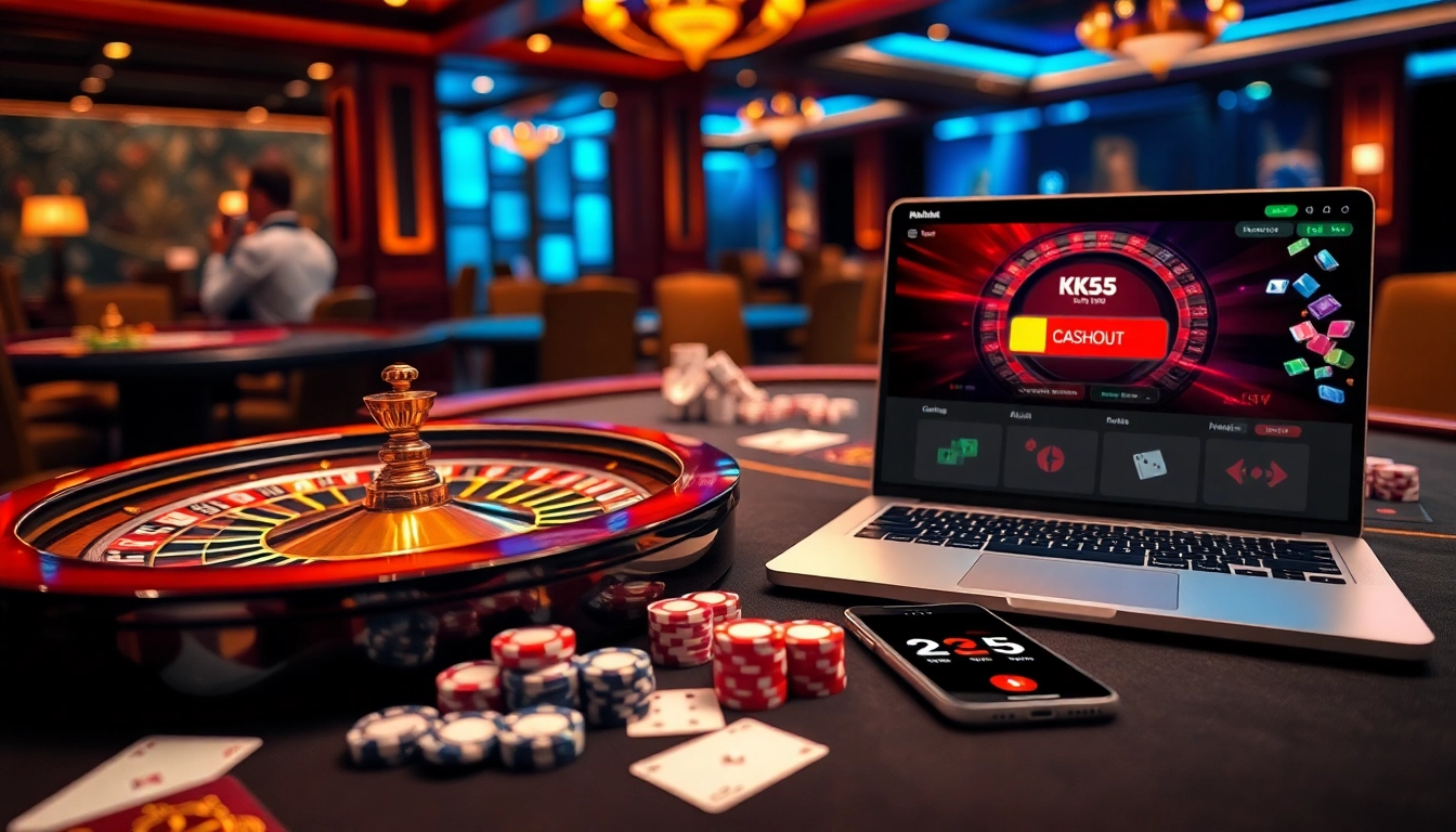 Experience thrilling gaming at Nhà cái KK55 with vibrant casino scenes featuring poker chips and dynamic roulette action.