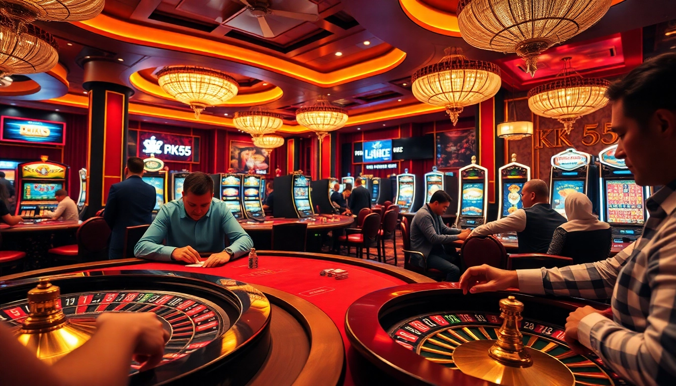 Players engage in high-stakes gambling with KK55-themed poker chips at a luxurious casino.