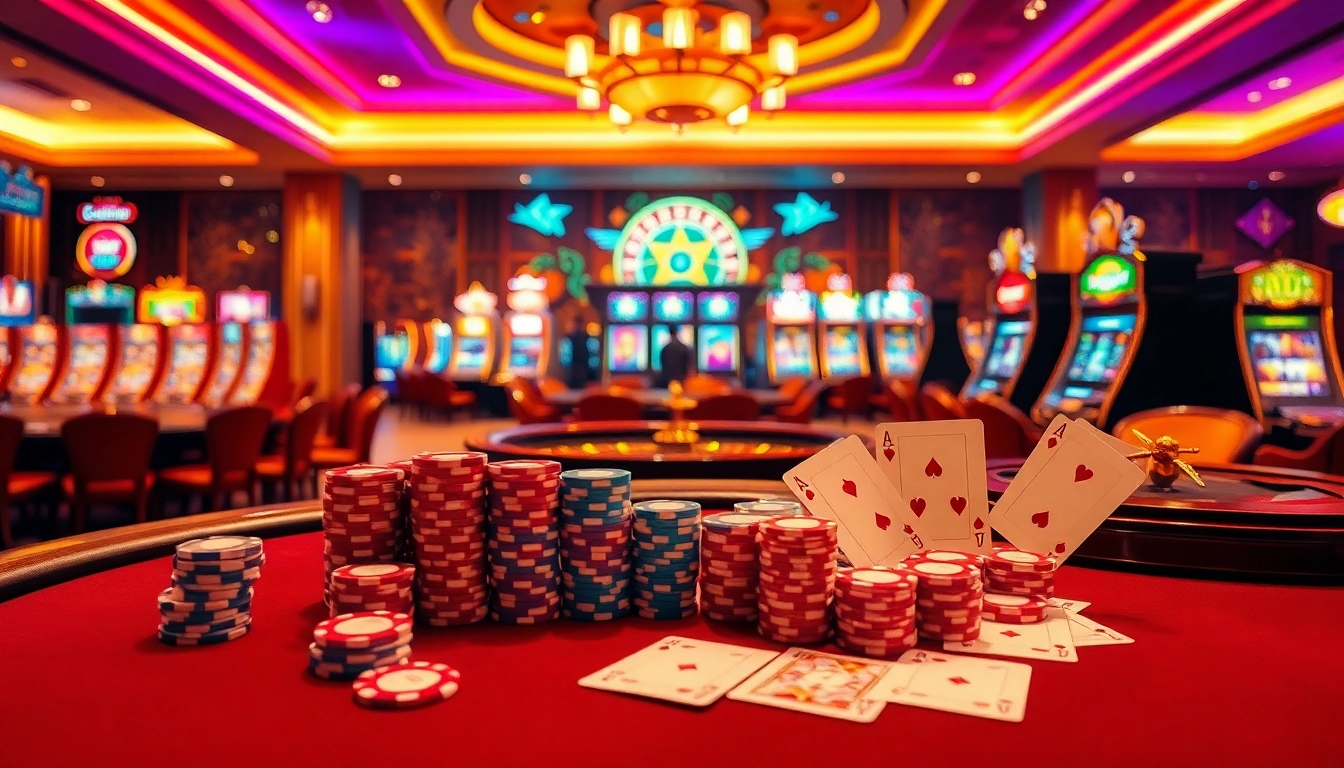 Engage in thrilling gameplay at VJ88's luxurious casino featuring poker tables and slot machines.