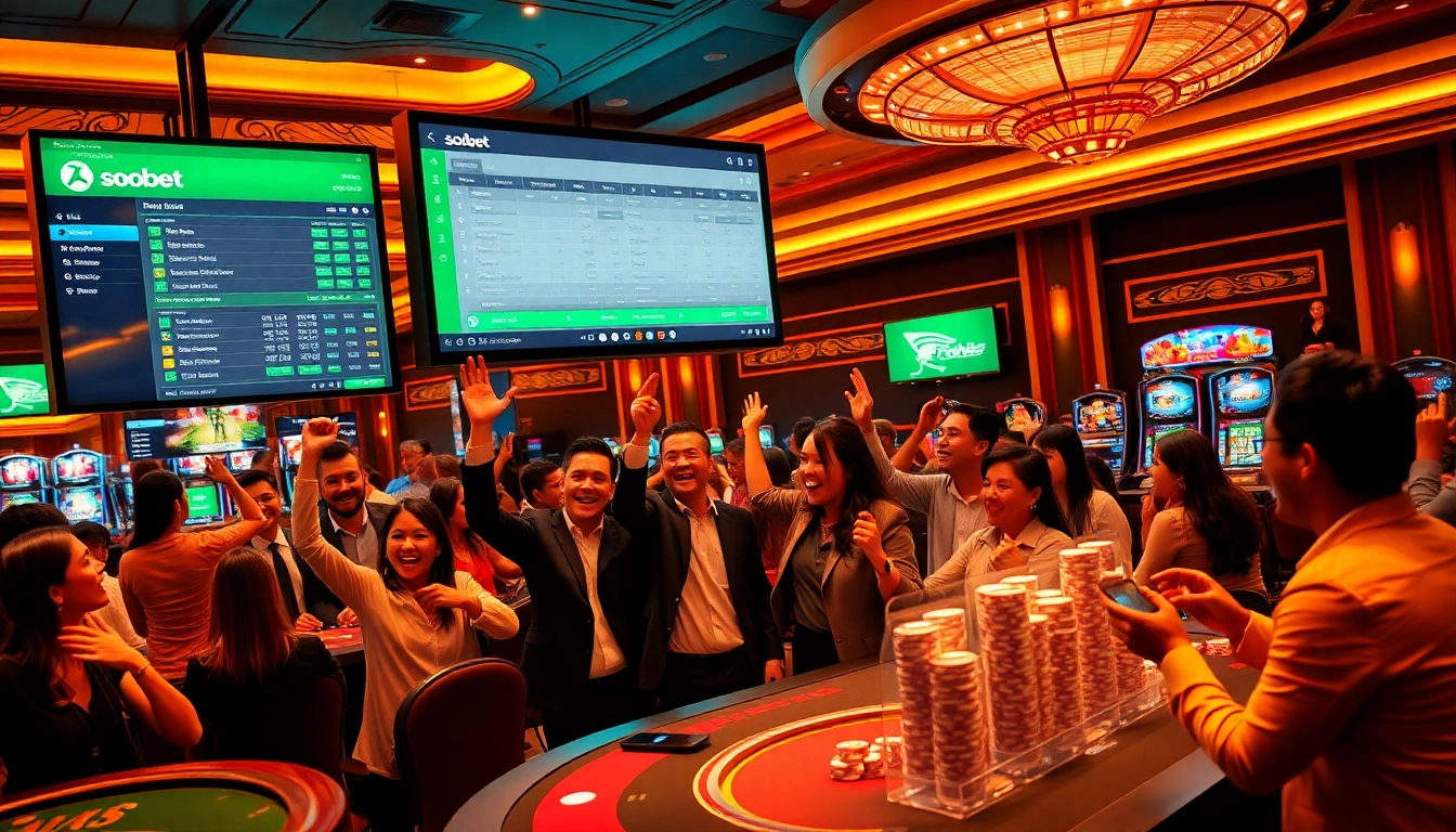 Spectators placing bets on sbobet, experiencing thrill in a vibrant casino environment.