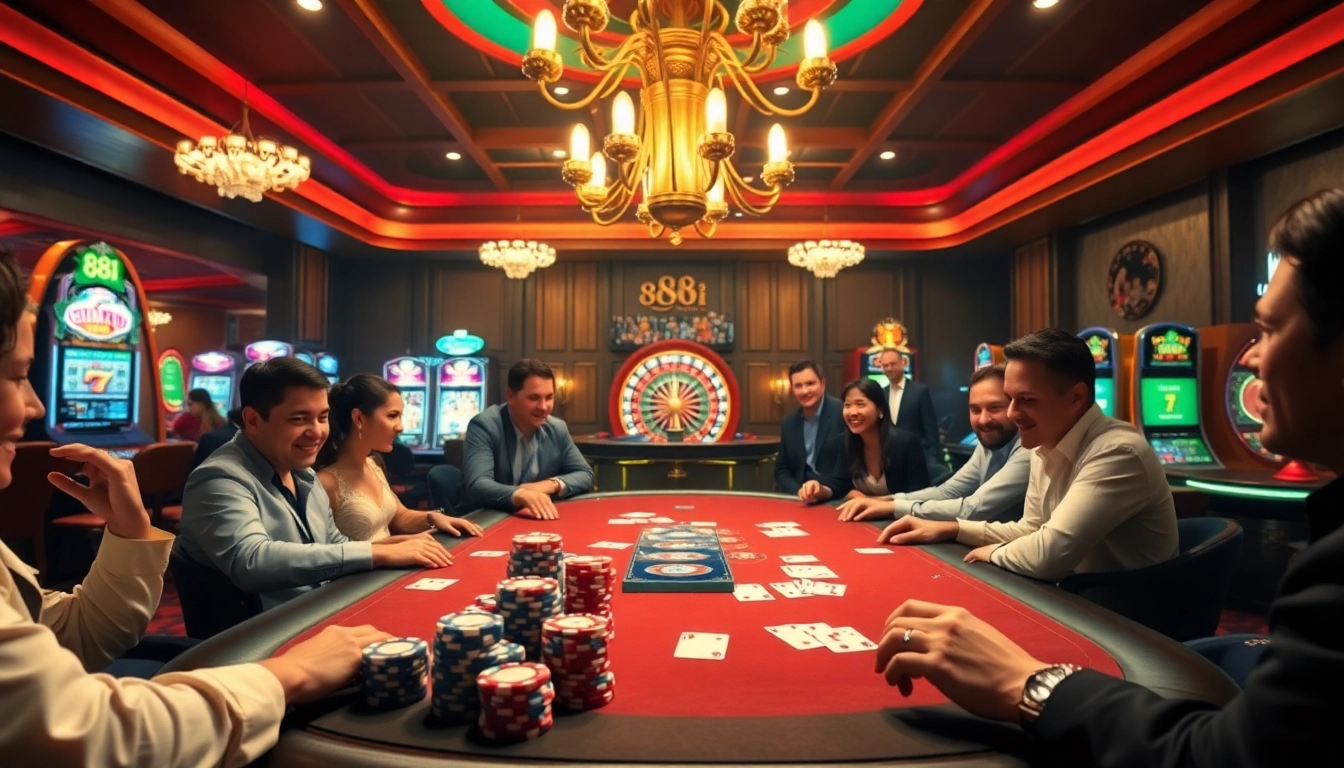 Exciting poker game scene highlighting 88i's thrilling casino atmosphere with luxury elements.