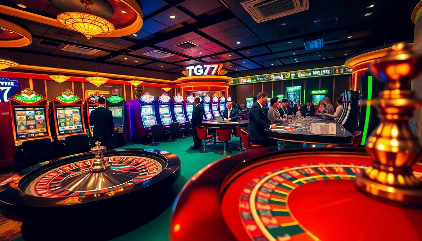 TG777 Casino players enjoying an exciting gaming atmosphere with roulette wheels and slot machines.