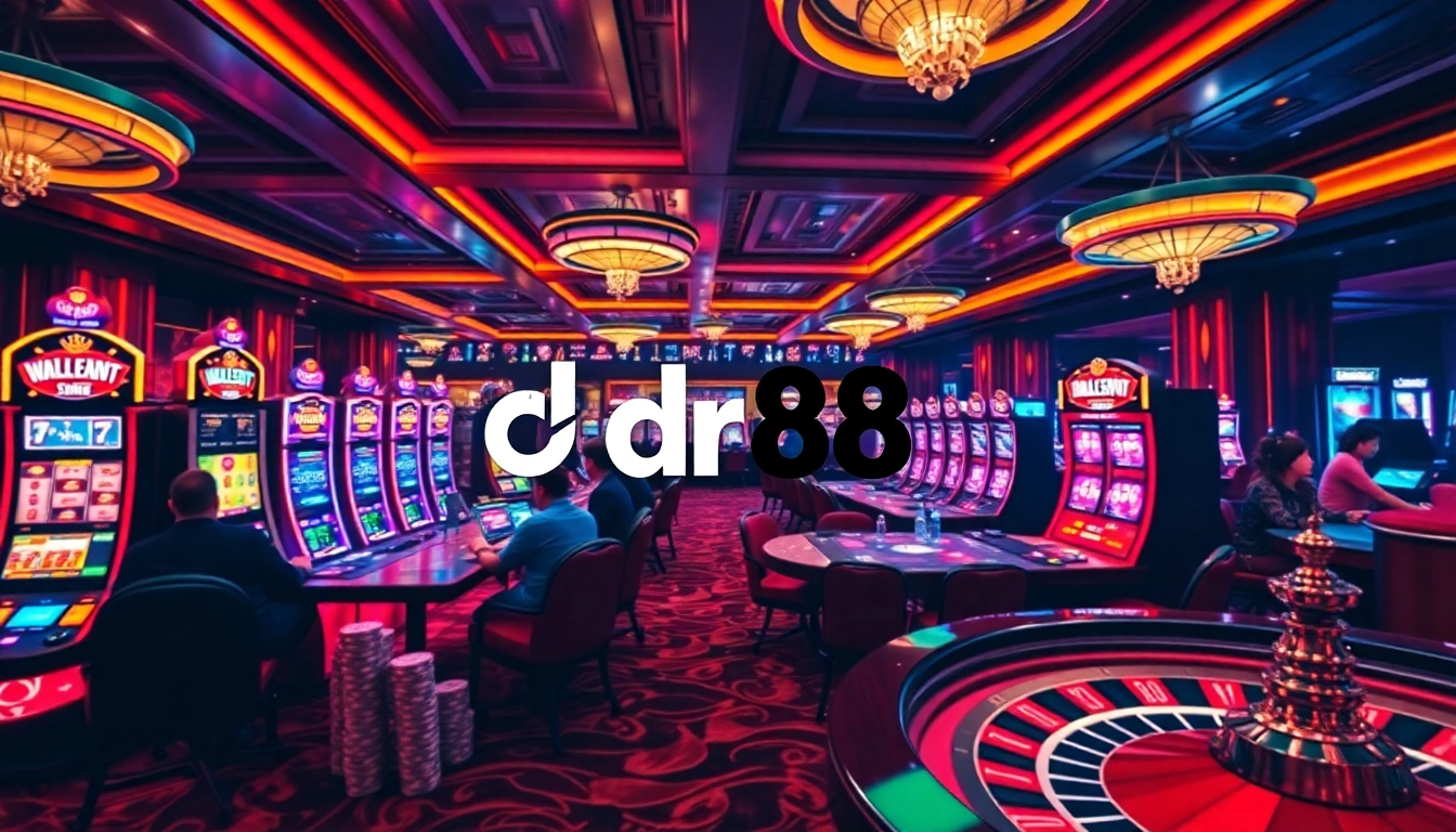 Exciting online gambling at dr88, showcasing vibrant slot machines, poker chips, and roulette.