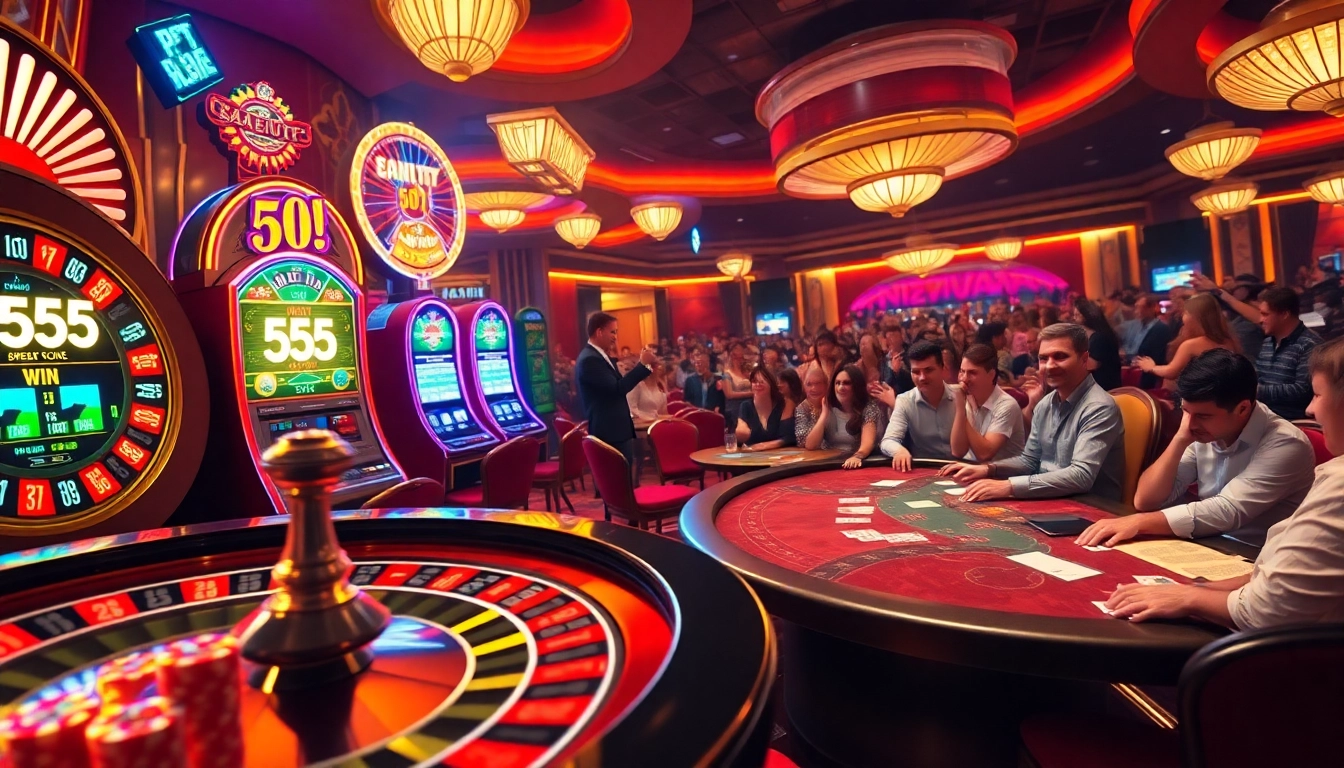 Experience the thrill of 555 win at a vibrant casino with a roulette wheel and players.