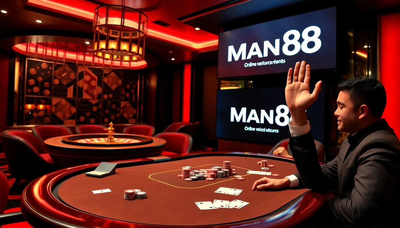Man88 logo featured prominently in an exciting casino scene with players at a poker table.