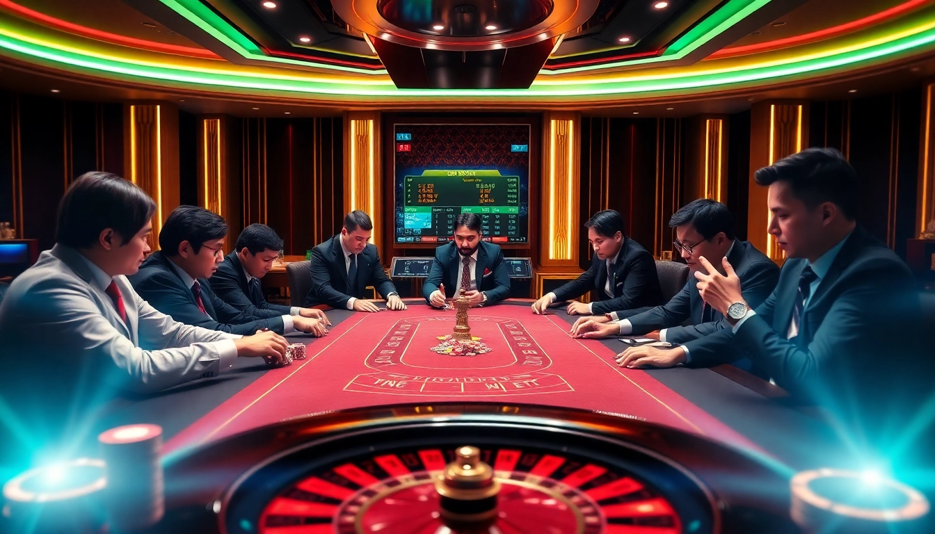 Engaging poker players at a high-stakes table in a luxurious casino setting at https://rr88co.net/.