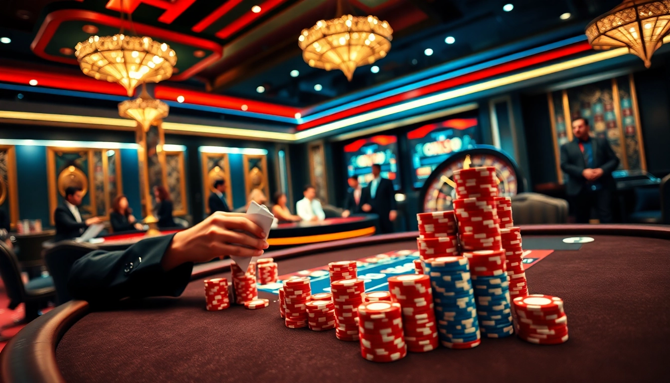 Engaging scene at Nhà cái BL555 casino, featuring poker gameplay with vibrant chips and a roulette wheel.