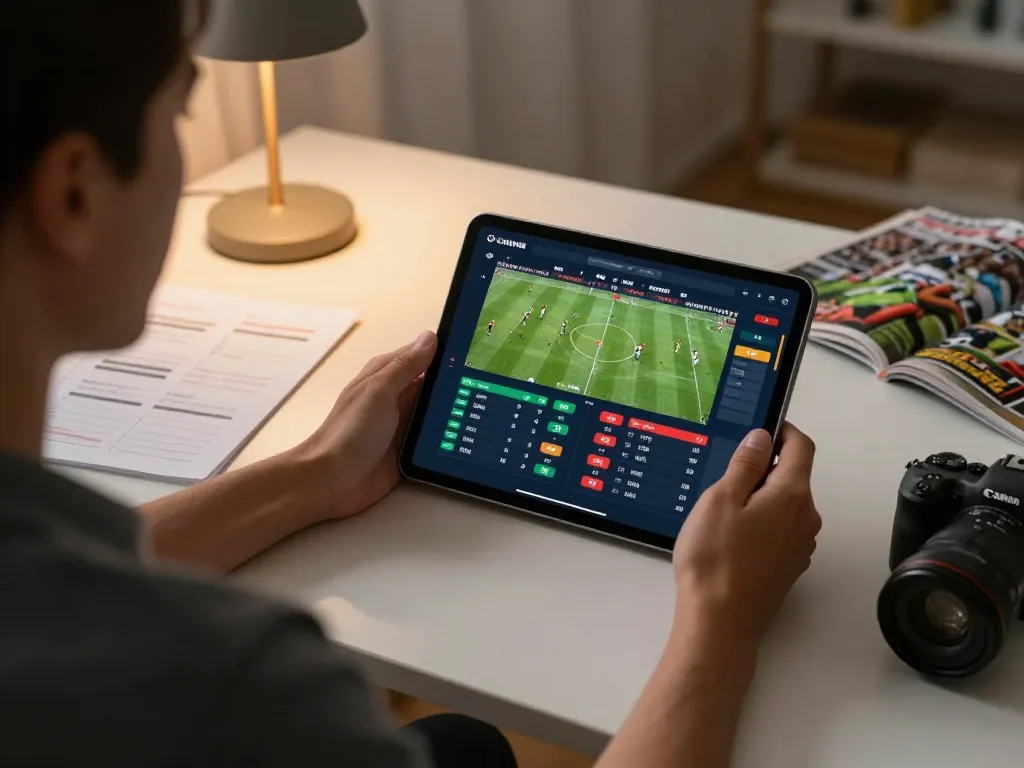 Tỷ lệ kèo nhà cái displayed while betting live on football match via tablet in a stylish home office.