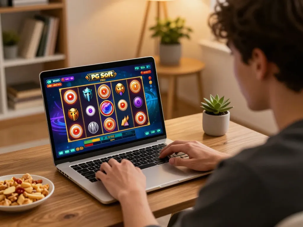 Pemain menikmati permainan slot Demo PG Soft di laptop dalam suasana rumah yang cozy dengan camilan dan pencahayaan yang hangat.