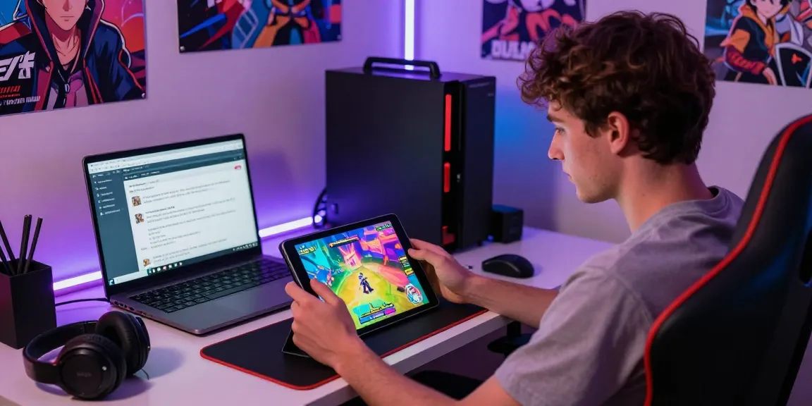 Young man playing an android hentai game on a tablet in a vibrant gaming setup with neon lights.