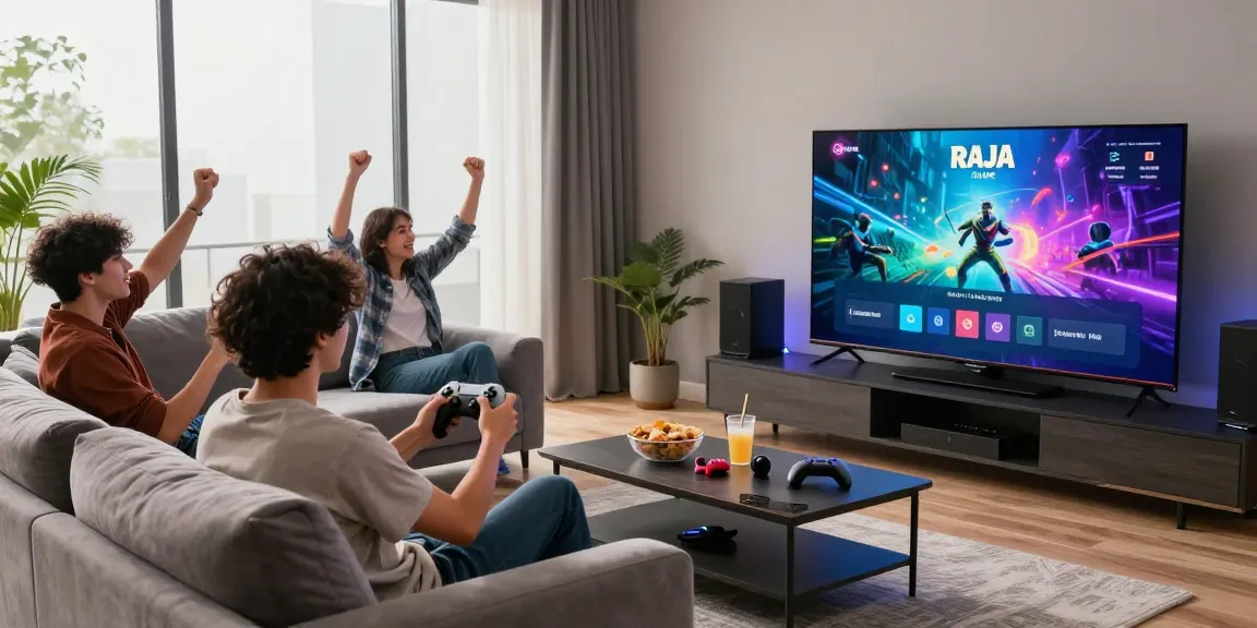 Raja Game login interface displayed on a large TV in a vibrant gaming room.