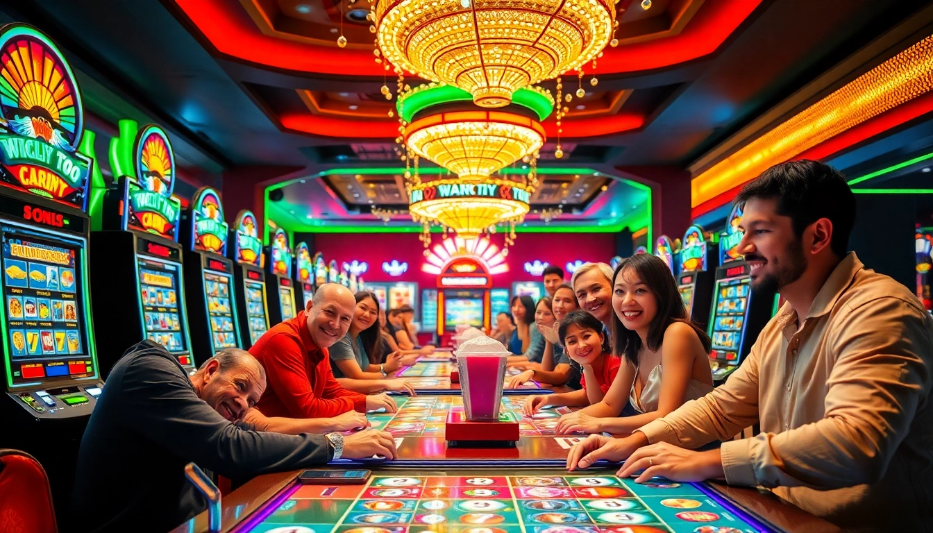 Mainkan situs toto di casino dengan slot machines berwarna cerah dan pemain yang bersemangat.